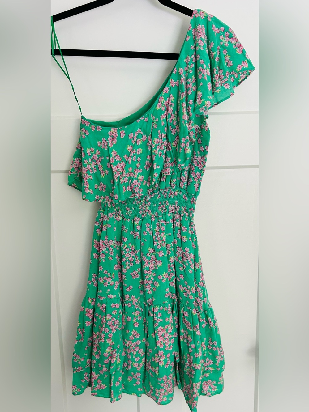 Draper James RSVP Ruffle Smocked One Shoulder Dress Green Pink Floral Size XS